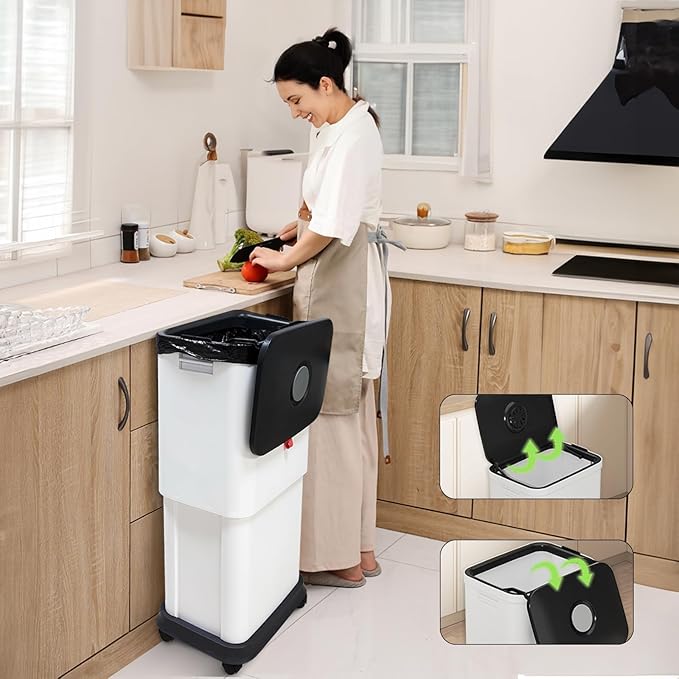 Gintan 13 Gallon Trash Can with Lid, 25-45 L Altitude Variable Bin, Garbage Can with Wheels for Kitchen, Bathroom, Bedroom, Office, with Two Space-Saving Hangable Small Waste Bin and Garbage Bag
