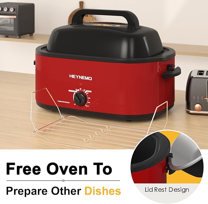 26QT Electric Roaster Oven, Electric Turkey Roaster with Viewing & Self-basting Lid, Stainless Steel Turkey Roaster Oven, RED