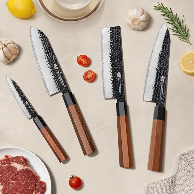 FINDKING 4PCS Kitchen Knife Set, Japanese Chef Knife Set with 9Cr18MoV High Carbon Steel Hammered Blades, Rosewood Octagonal Handles, for Meat, Fruits and Vegetables, Dynasty Series