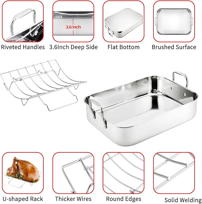 JY COOKMENT Roasting Pan with Baking Rack, 16.5 Inch Stainless Steel Turkey Roaster with Rack, Baster. Great for Turkey, Chicken, Ham, Vegetables