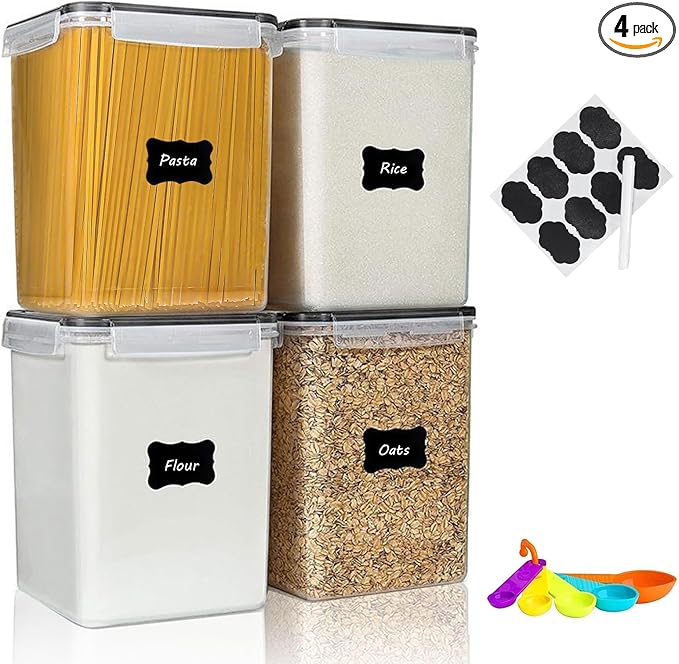 5.2L (175oz) 4-Pack Airtight Food Storage Containers with Organization Kit - BPA-Free Plastic Canisters for Flour, Sugar, Rice & Baking Supplies, Includes Lids, Measuring Cups & Labels, Black