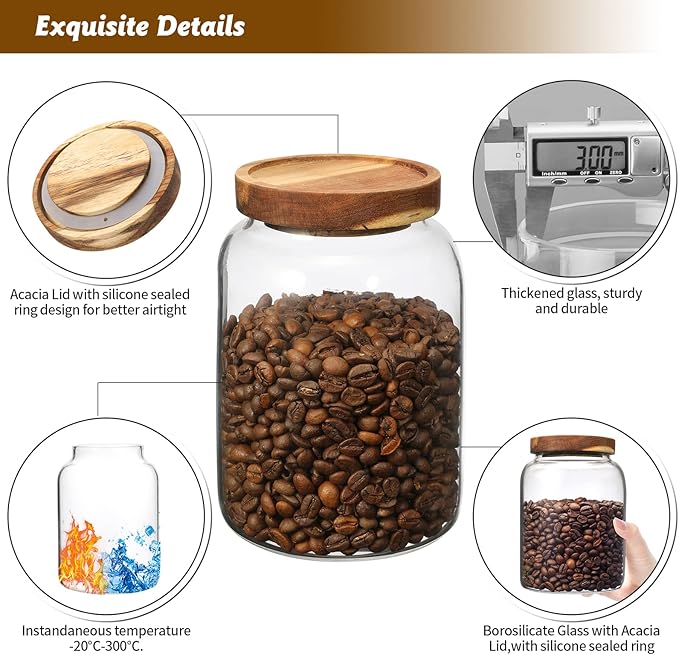 Glass Coffee Storage Jar with Lids Scoop Round Glass Coffee Ground Containers Borosilicate Glass Food Canister for Cereals Oats Beans Nut Sugar Candy Spice Rice Tea