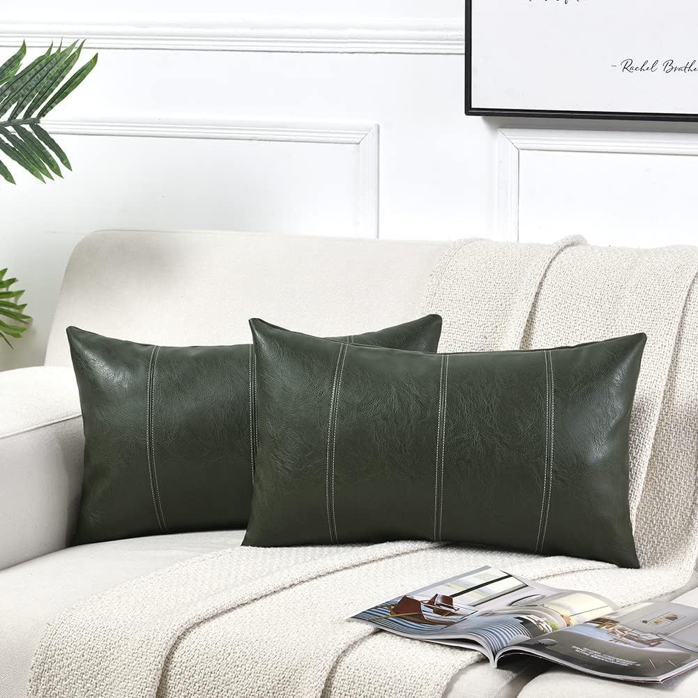 Fancy Homi Dark Green Lumbar Faux Leather Decorative Throw Pillow Covers 12x20 Inch for Living Room Couch Bed, Modern Farmhouse Boho Home Decor, Olive Green Hand Stitched Cushion Case 30x50 cm