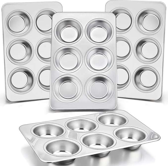 P&P CHEF Muffin Pan Cupcake Baking Pan Set, Stainless Steel Muffin Tin Tray for Mini Cake Tart Quiche, Oven & Dishwasher Safe, Non-toxic & Heavy-duty, (6 Cup, 4Pcs)