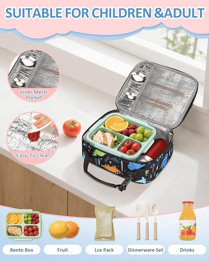 Insulated Lunch Box for Kids, Cute Thermal Lunch Bag for School, Reusable Lunch Tote for Boys and Girls, Durable Cooler Bag with Easy Grab Handle, Lightweight and Easy to Clean Meal Bag,Dinosaurs