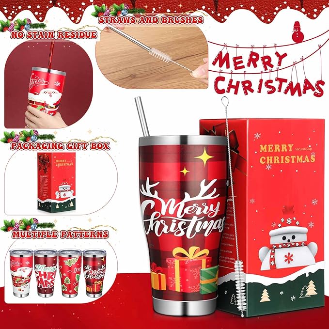Mifoci 4 Pcs 30 oz Christmas Tumbler with Lid and Straw Stainless Steel Christmas Mug Double Insulated Cup Insulated Coffee Tumbler with Straw Brush for Holiday Coworkers Women Gifts(Style 1)