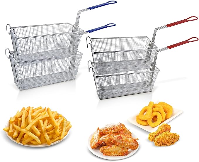 Clivia's 4PCS Commercial Fryer Basket 13X6.5X6 Inch Stainless Steel Deep Fryer Basket With Non Slip Long Handle for Frying Kitchen Restaurant Home Commercial Use