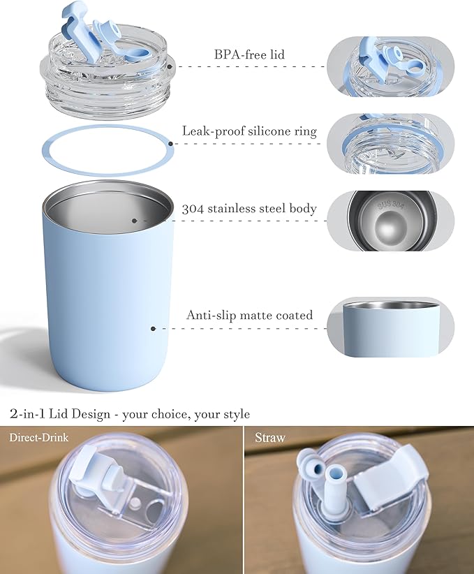 6 Pack 10 oz Insulated Coffee Tumblers, Travel Coffee Tumblers with Straw, Double-Wall Stainless Steel Tumbler, Leak Proof Tumbler, Reusable Cups with Lids for lced and Hot Drinks