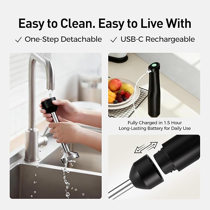 Cordless Immersion Hand Blender (Stick Blender) – Smooth, Controlled Blending for Everyday Cooking, 12V Brushless Motor, Pressure-Sensitive Variable Speed, USB-C Rechargeable, Easy-Clean (Black)