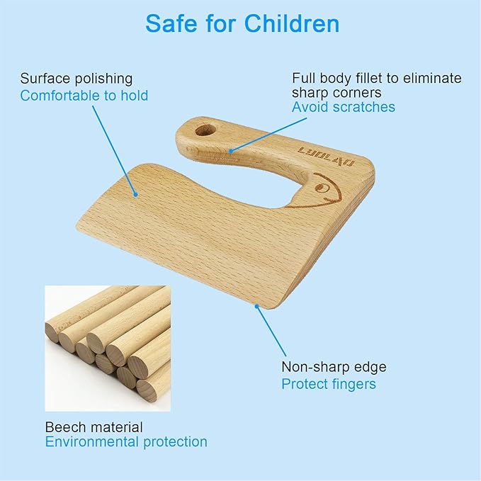 LUOLAO Wooden Kids Knife for Cooking and Safe Cutting Veggies Fruits, Cute Fish Shape Kids Kitchen Tools, Christmas Gifts for kids, 2-5 Years Old Applicable