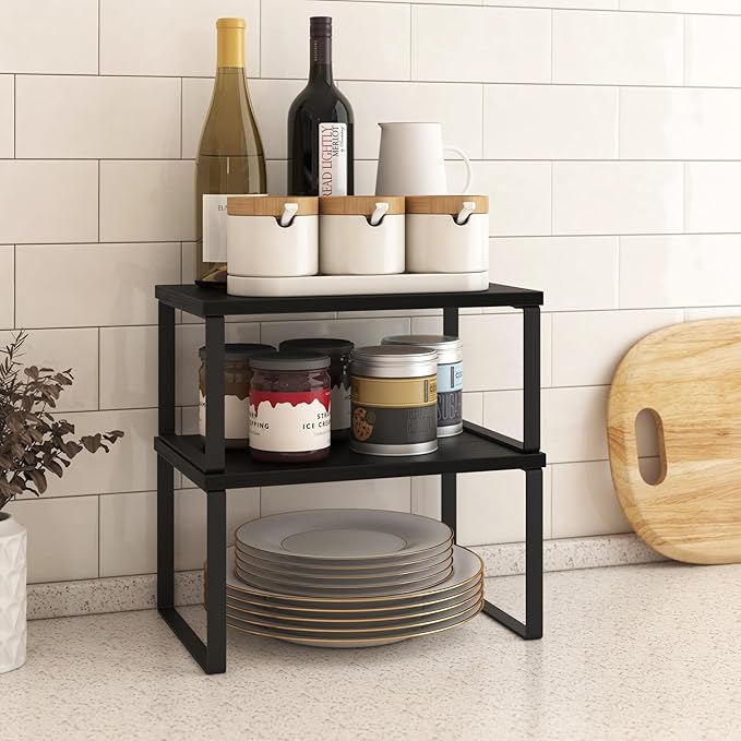 Kitchen Cabinet Organizer Shelf Set of 4, Sturdy Kitchen Counter Shelves with Metal Legs, Stackable Expandable Wood Spice Rack Pantry Cupboard Dish Mug Cup Storage Organizer Shelf, Black