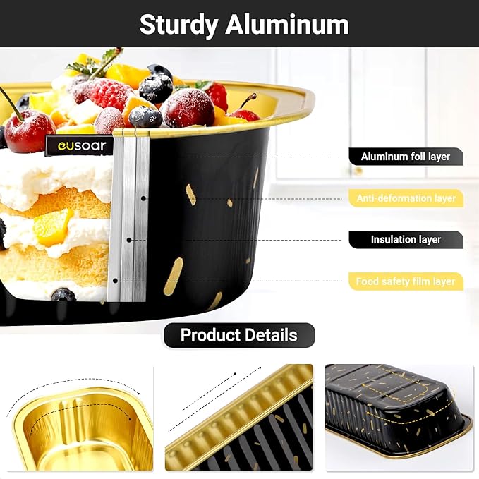 EUSOAR Mini Cake Pans with Lids, 25pcs 6.8oz 6.5"x2.5"x1.2" Aluminum Foil Mini Loaf Cake Baking Cups Pan with Lids，Disposable Creme Brulee Ramekins Baking Cups Containers, Dessert Cheesecake Pan Cups