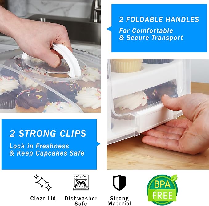 Extra Tall Cupcake Carrier 24 Count, 24 Cupcake Holder with Lid -Spacious 3.5” Tall Tiers Accommodate 24 Tall Frosted Cupcakes, Won't Smush! Cupcakes Containers Muffin Storage Container/Muffin Holder