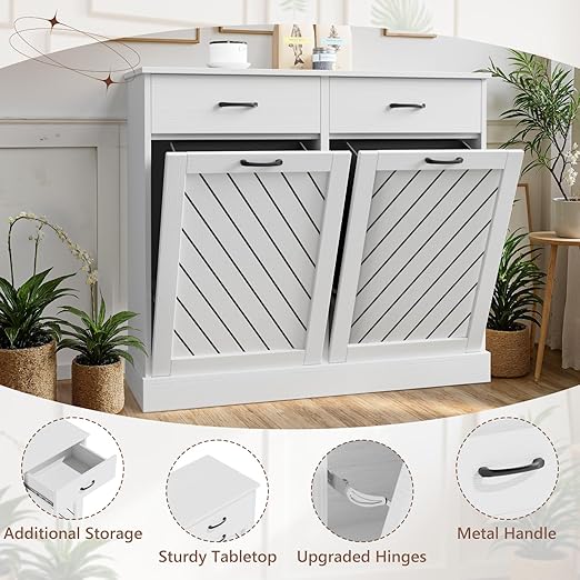 Double Tilt-Out Trash Can Cabinet, 2x13 Gallons Hidden Garbage, Hidden Kitchen Trash Cabinet with Storage Drawer, Pet-Proof Wooden Garbage & Recycling Cabinet for Kitchen, Laundry & Living Room, White