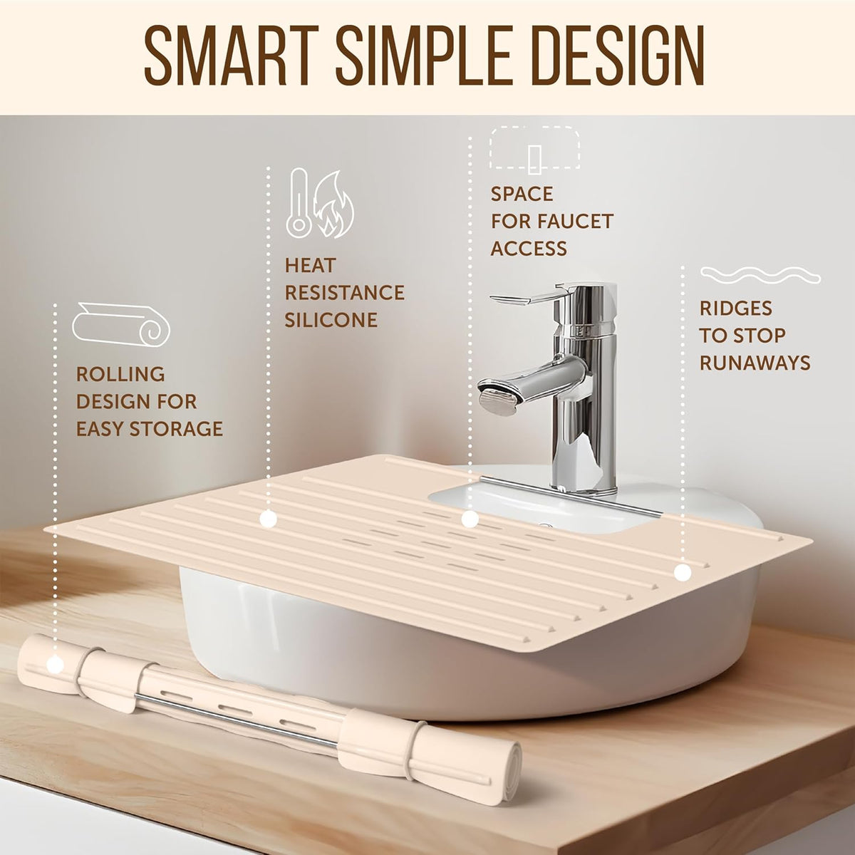 Maplefield Bathroom Sink Cover for Counter Space, Heat Resistant Silicone Sink Mat for Your Beauty Routine, Small Bathroom Space Saver Sink Cover for Makeup (Beige Large, 22 x 2 x 2 Inches)