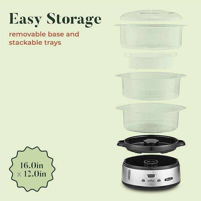BELLA 9.5 QT Triple Tier Digital Food Steamer, Healthy Fast Simultaneous Cooking, Stackable Baskets for Vegetables or Meats, Rice/Grains Tray, Auto Shutoff & Boil Dry Protection, Stainless Steel