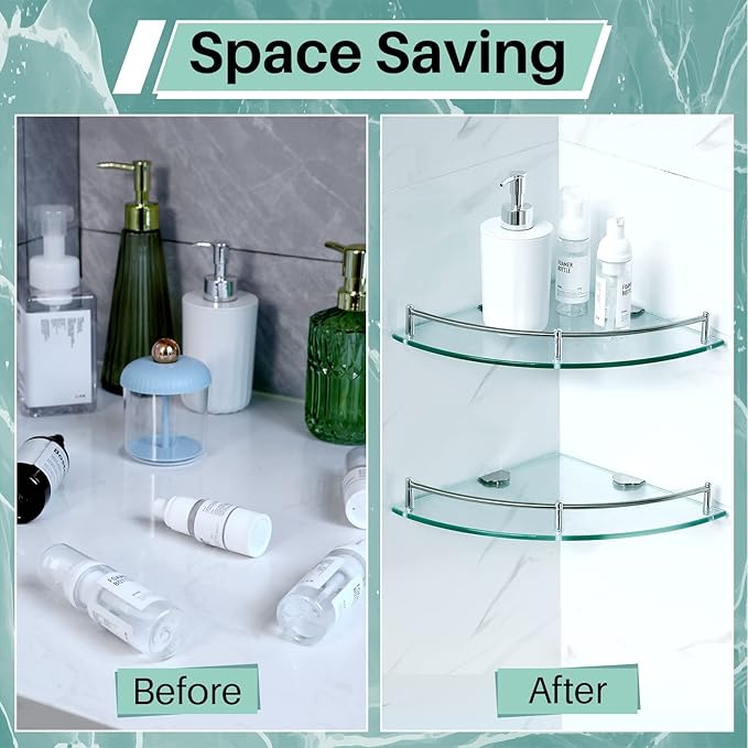 Crowye 4 Pcs Corner Shower Shelf 2-tier Glass Corner Shelf Stainless Steel Wall Mounted Bathroom Organizer for Storing Shower Gel Shampoo Brush, 9.25 Inches (Silver)