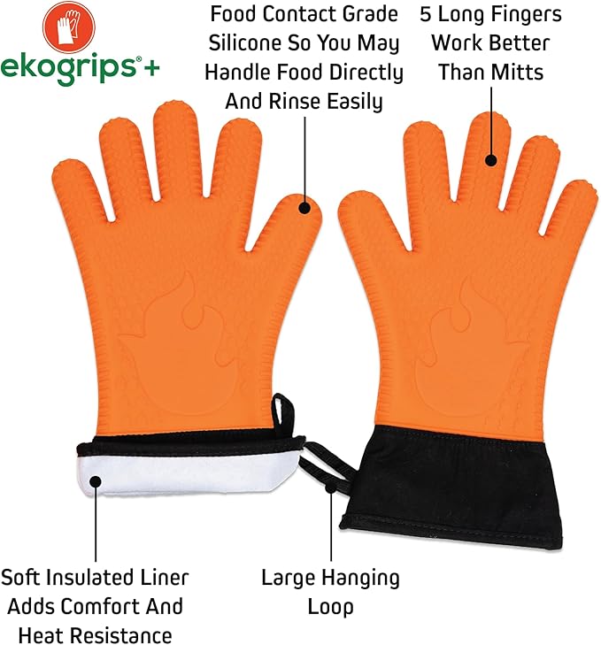 Ekogrips Plus Oven Gloves with Fingers, Comfy Waterproof Silicone Oven Mitts Heat Resistant with Long Cuff, Insulated BBQ Gloves Perfect for Grilling, Baking, Smoker, Canning, and Pizza, Black, OSFM