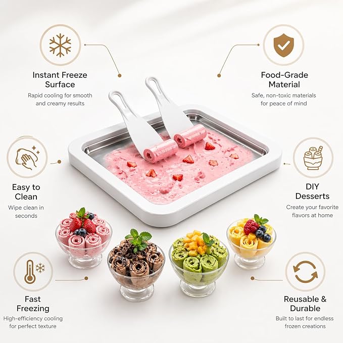 Ice Cream Roller Maker, At Home Rolled Ice Cream Maker Machine, Dairy Free & Frozen Yogurt Maker, Electric Free Countertop Ice Cream Machine with Spade for Rolls, Sorbet & Frozen Yogurt (White)