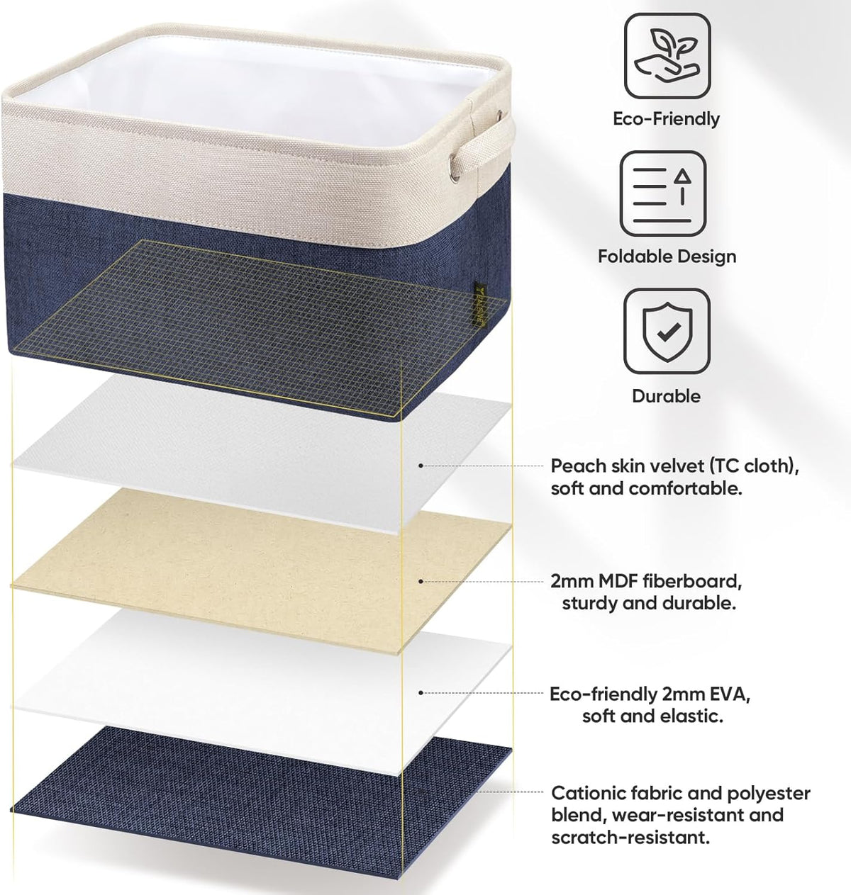 BALEINE 4 Pack Fabric Storage Bins for Shelves, Linen Storage Baskets for Organizing, Decorative Closet Bins for Clothes, Home (Navy Blue, 15"x11"x9.5")