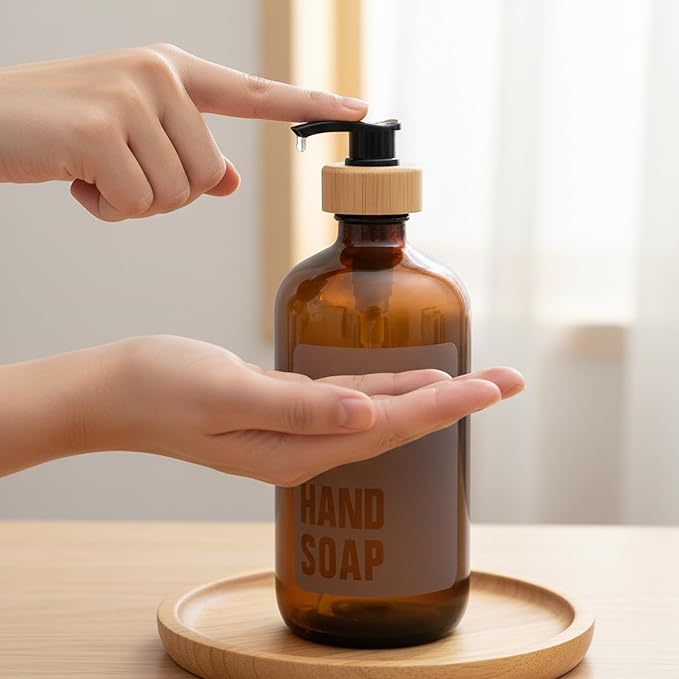 SAVVY & SORTED Amber Glass Hand Soap Dispenser for Bathroom, Kitchen Hand Soap Bottle with Label, Refillable Glass Bottle for Liquid Wash, Matching Dish Soap Dispenser Available, 17 Fl Oz / 500 ml