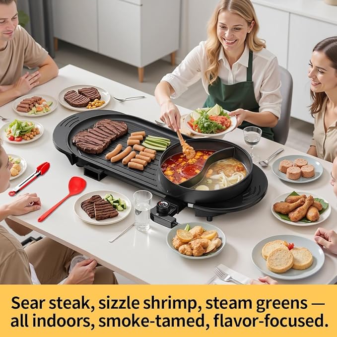 AORAN 2200W Electric Grill & Hot Pot Combo with Dual Zone Control - 26.6" Large Yin-Yang Nonstick Skillet, Indoor Smokeless BBQ Grill for Family Party, Adjustable Temperature & Easy Clean