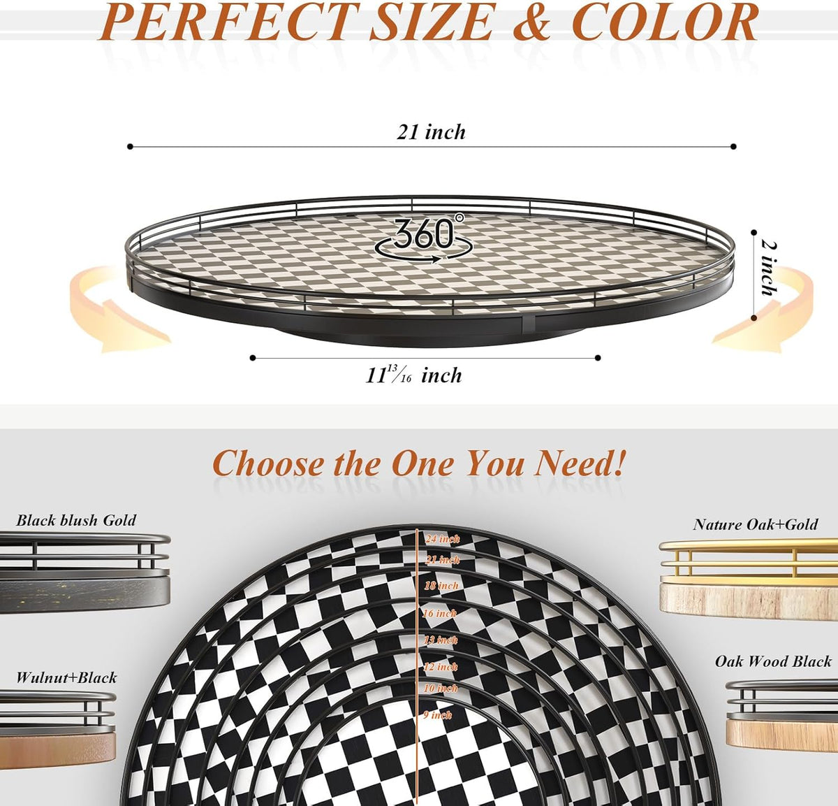 21" Black and White Kitchen Lazy Susan Turntable, Round Checkered Decorative Tray, Large Lazy Susan for Dining Table Centerpiece, Pantry, Kitchen, Bathroom, Countertop, Cupboard, Home Decor