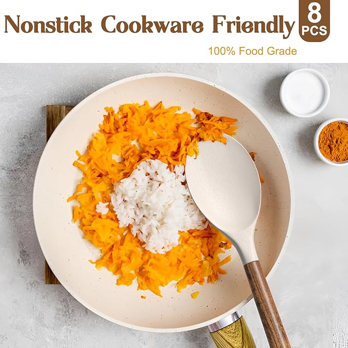 Silicone Cooking Utensil Set,Umite Chef 8-Piece Kitchen Utensils Set with Natural Acacia Wooden Handles, Silicone Kitchen Gadgets and Spatula Set for Nonstick Cookware - Khaki