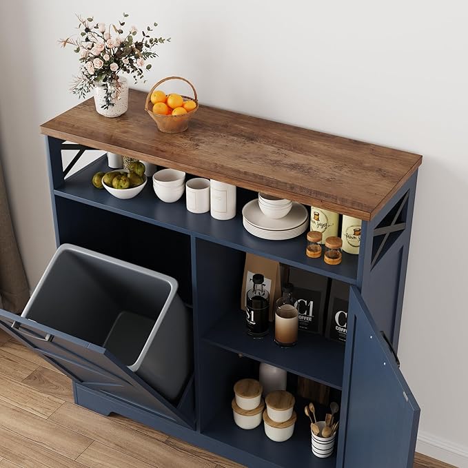 Befrases Tilt Out Trash Can Cabinet for 13 * 1 Gallon Trash Can, Farmhouse Kitchen Island Cabinet with Adjustable Shelf for Hidden Laundry Basket, Dog Proof Garbage Can for Dining Living Room, Blue