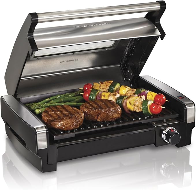 Hamilton Beach Electric Indoor Searing Grill, 6-Serving, Extra-Large Drip Tray, Stainless Steel (25361) & Digital Programmable Rice Cooker & Food Steamer, 8 Cups Cooked (4 Uncooked), Stainless Steel