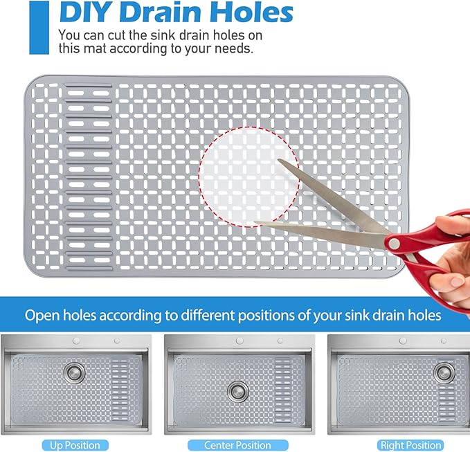 Silicone Sink Mat 28.4''x15.2'' Kitchen Sink Protector With DIY Drain Hole, Grey Farmhouse Silicone Protector 1pcs Kitchen Sinks Accessories