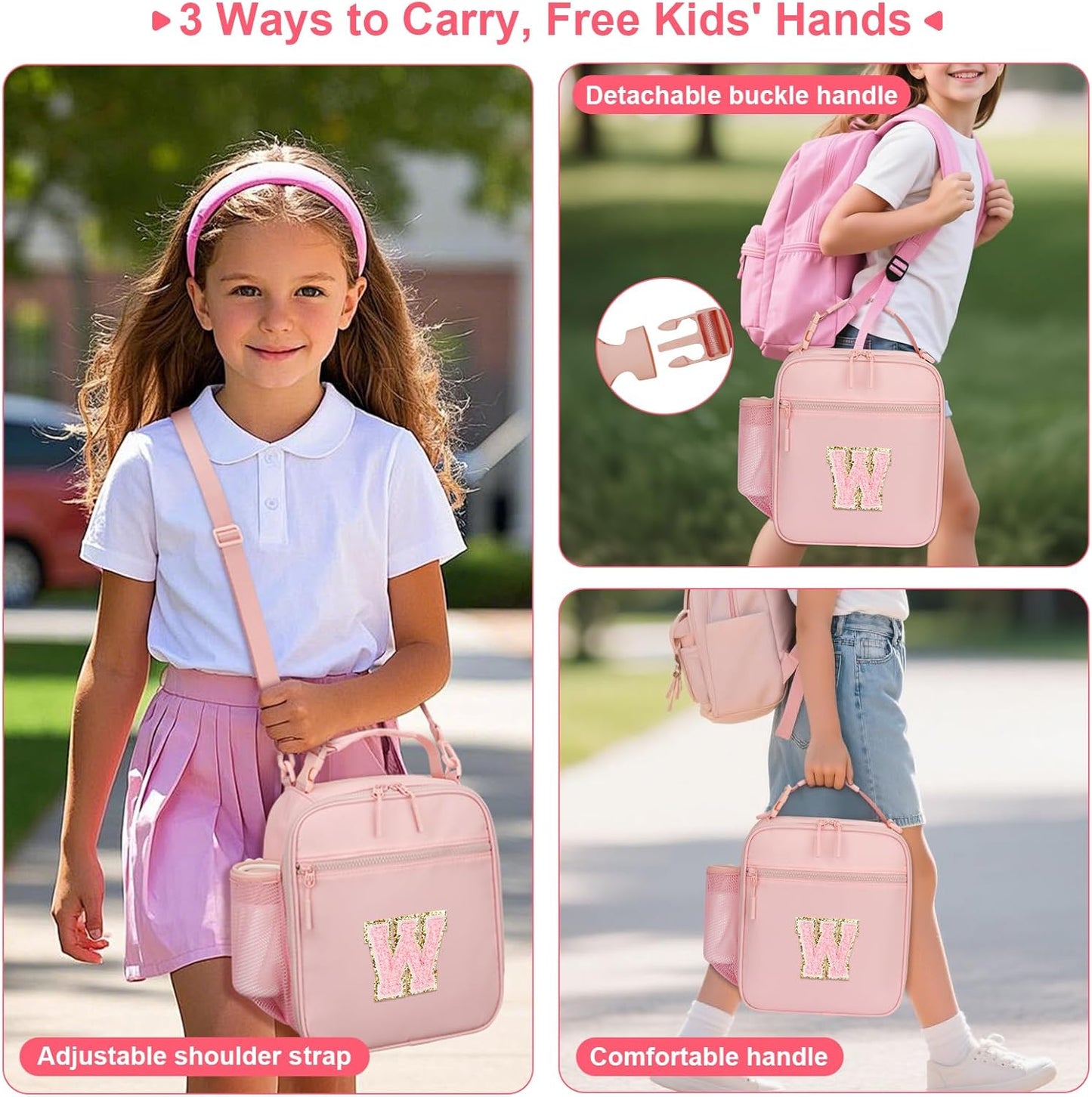 Initial Insulated Lunch Bag for Girls Kids, Back to School Gift, Reusable Leak-proof Lunch Box with Adjustable Strap for School Daycare Travel Picnic (Pink,W)