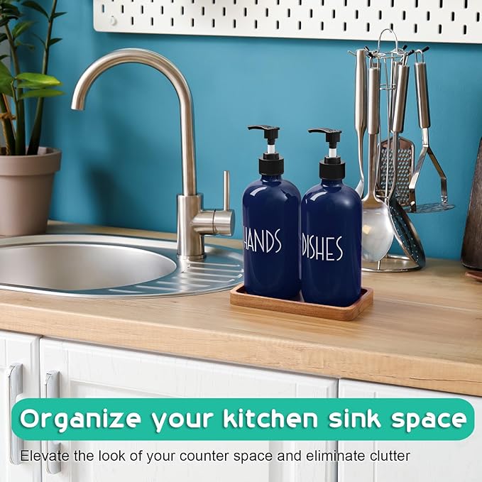 Navy Blue Dish Soap Dispenser for Kitchen - 16 OZ Hand Soap Dispenser Set with Acacia Wood Tray - Blue Kitchen Bathroom Home Decor and Accessories