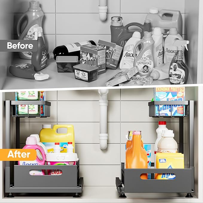 Saydear Under Sink Organizer Storage 2-Tier Premium Metal Pull-Out Kitchen Cabinet Organizer with Sliding Drawer, Height Adjustable, Heavy Duty for Kitchen & Bathroom Organizers 1 Pack Black