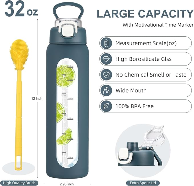 chunmo 32 oz Glass Water Bottle with 2 Lids-Handle Spout Lid & Straw Lid, 1 Liter Motivational Borosilicate Water Bottle with Time Marker and Silicone Sleeve,Leakproof-Dark Blue-1 Pack