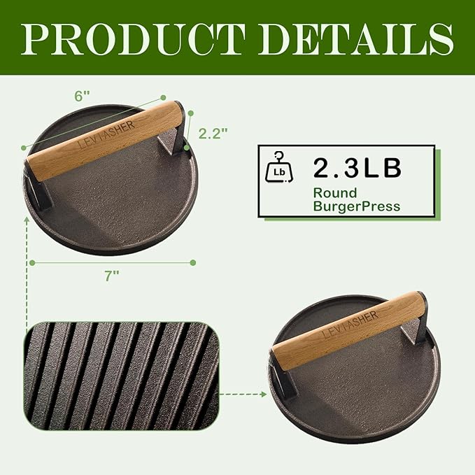 2.2lbs Heavy-Duty Griddle Press for Bacon Burger Steak Meat Paninis Burger Bacon Vegetables, Cast Iron BBQ Grill Press for Weber Blackstone Camp, Food Press for Cooking Round Wood Handle
