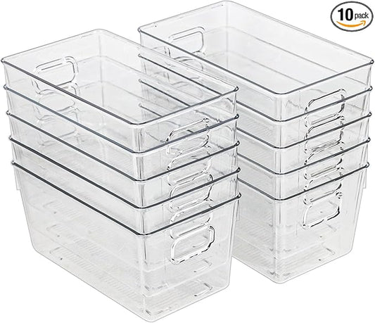 10 PACK Clear Storage Bins Clear Storage Containers for Kitchen Pantry Organization, Organizing Bins with Built in Handles, Cabinet Organizers
