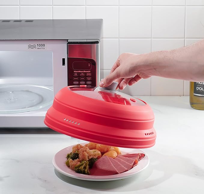 Godinger Microwave Splatter Cover, Microwave Cover for Food, Collapsible Plate Cover Lid with Easy Grip Handle, Safe Tempered Glass and Silicone, Pot Cover, Splatter Cover Guard - Large 12"