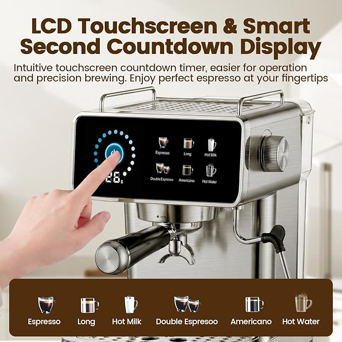 Touchscreen Espresso Machines with Timer 20 Bar Expresso Coffee Machines Professional Stainless Steel Coffee Maker with 51oz Water Tank for Latte Americano, Cappuccino Machine for Home Office