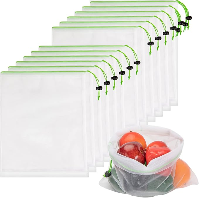 Set of 12 Reusable Mesh Produce Bags - Medium (12"x14") - Green - Polyester - Washable - Drawstring Closure