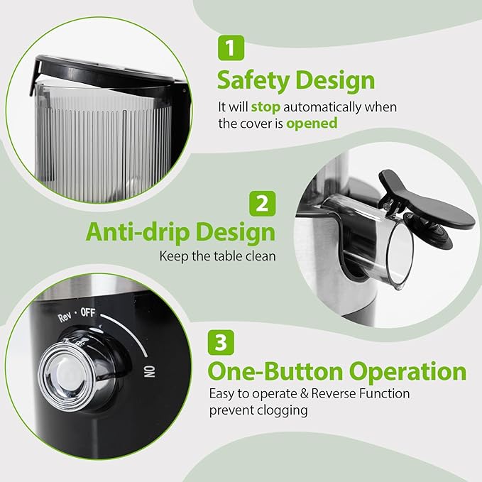 Cold Press Juicer with Whole Feed Chute, Aeitto Masticating Juicer Machines, Juice Extractor Machine Easy to Clean, High Juice Yield, For Whole Vegetables and Fruits, Easy to Assemble, Onyx Black
