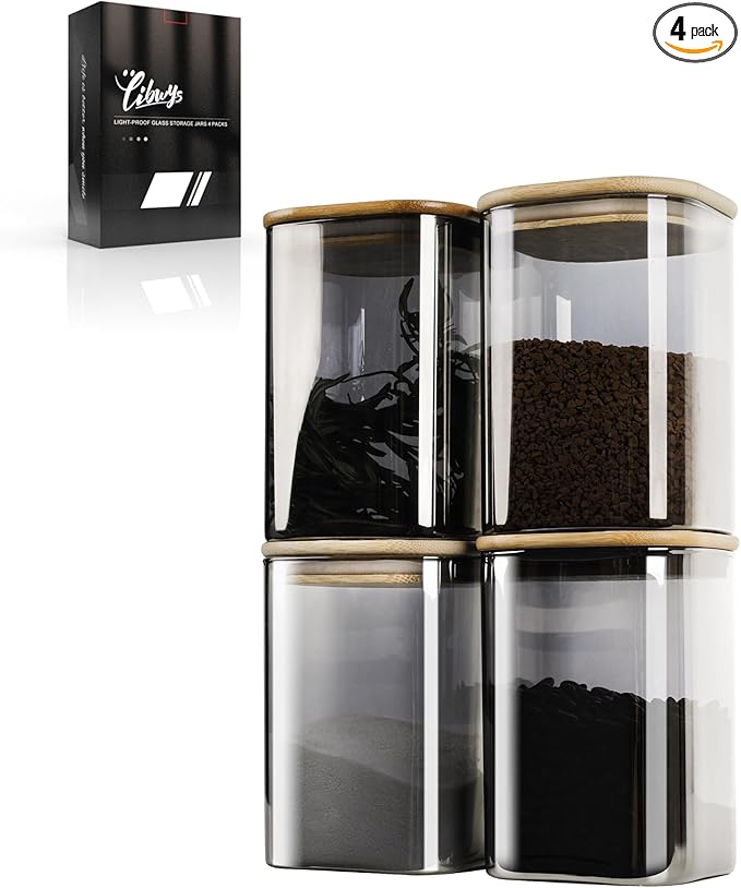 LIBWYS 4-Pack Anti-UV Square Glass Storage Jars with Bamboo Lids (1.22Qt) - Light Resistant Containers (LRC) for Pantry Organization, Coffee Beans, Loose Tea, Sugar, Pet Food | Kitchen Canisters Set
