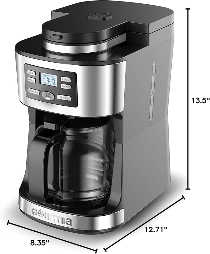 Gourmia Digital Coffee Machine 12Cup FullyAutomatic Large coffee maker integrated CoffeeGrinder,Pot,stainless steel mesh coffee filter 4Hr KeepWarm and Freshness Indicator GCM3180,Black and Silver