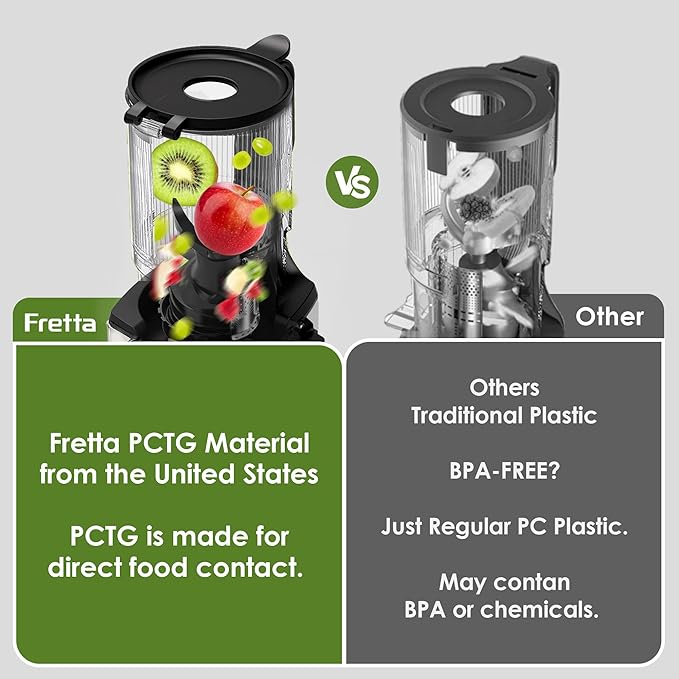 Juicer Machines,Fretta Cold Press Juicer Machines with American-Sourced PCTG Material,Fit Whole Fruits & Vegetables,Easy to Clean,Truly BPA-Free,Silver