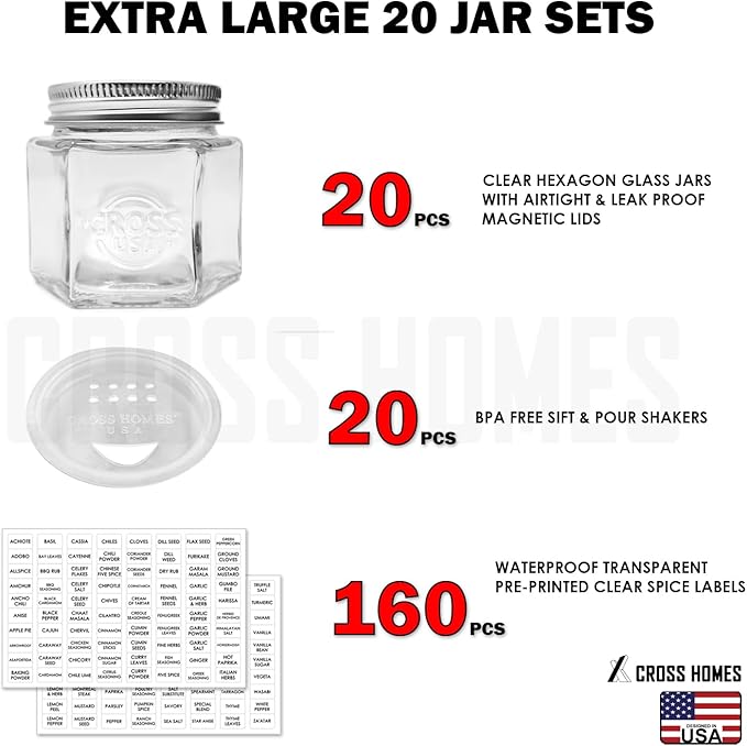 20 Pack Magnetic Spice Jars Large 4 oz Refrigerator Hexagon Glass Spice Jars Magnetic Lids Shaker Spice Labels Magnet Glass Spice Containers for RV Travel Trailer Kitchen Fridge Cabinet Wall mount