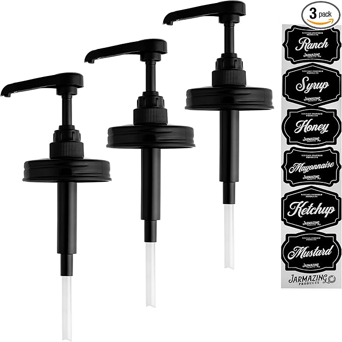 Jarmazing Products Mason Jar Syrup Dispenser Lids - Rust-Proof, Leak-Proof, Food Grade Pumps for Coffee Syrups, Honey, Condiments, Salad Dressings and More - 3 Pack - Black