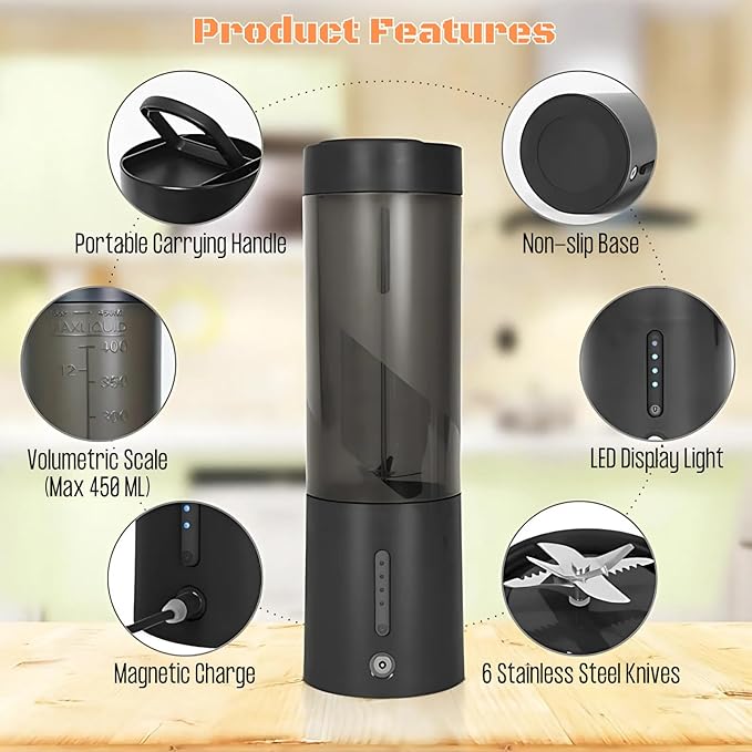 Portable Juicer Blender, USB Rechargeable Smoothie Maker with 6 Upgraded Blades and 4000mAh Battery, 450ml/15oz Capacity, Ideal for Smoothies, Protein Shakes, Travel and Office (Mint Blue)