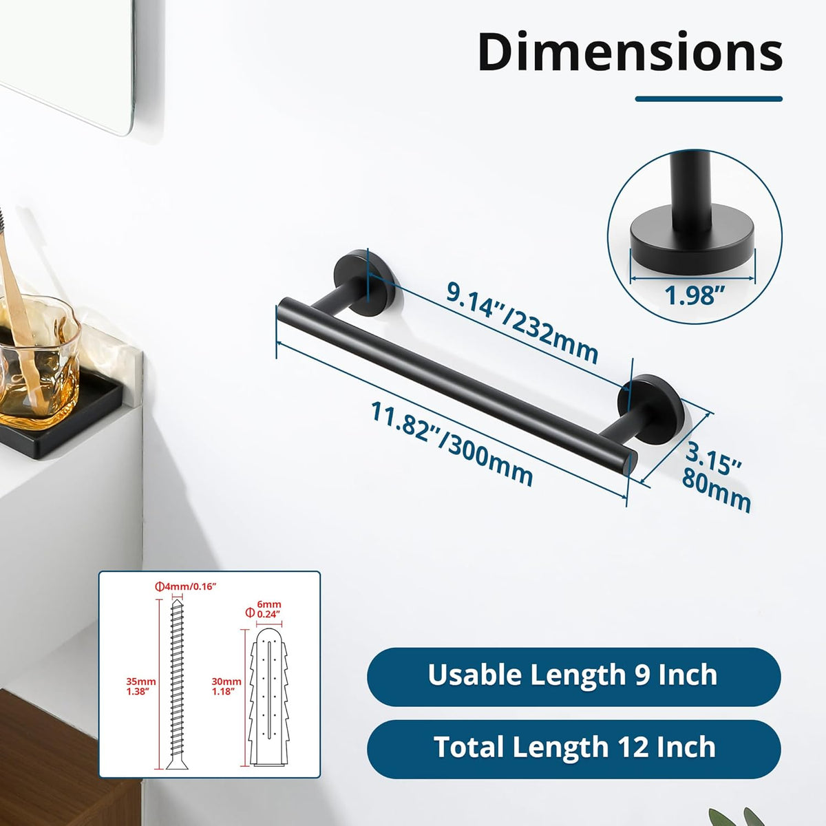 Sayayo Matte Black Hand Towel Holder for Bathroom, 12 Inch Towel Bar Towel Rack for Kitchen, Towel Ring Towel Rod Wall Mount SUS304 Stainless Steel (Hanging Length 9-Inch)