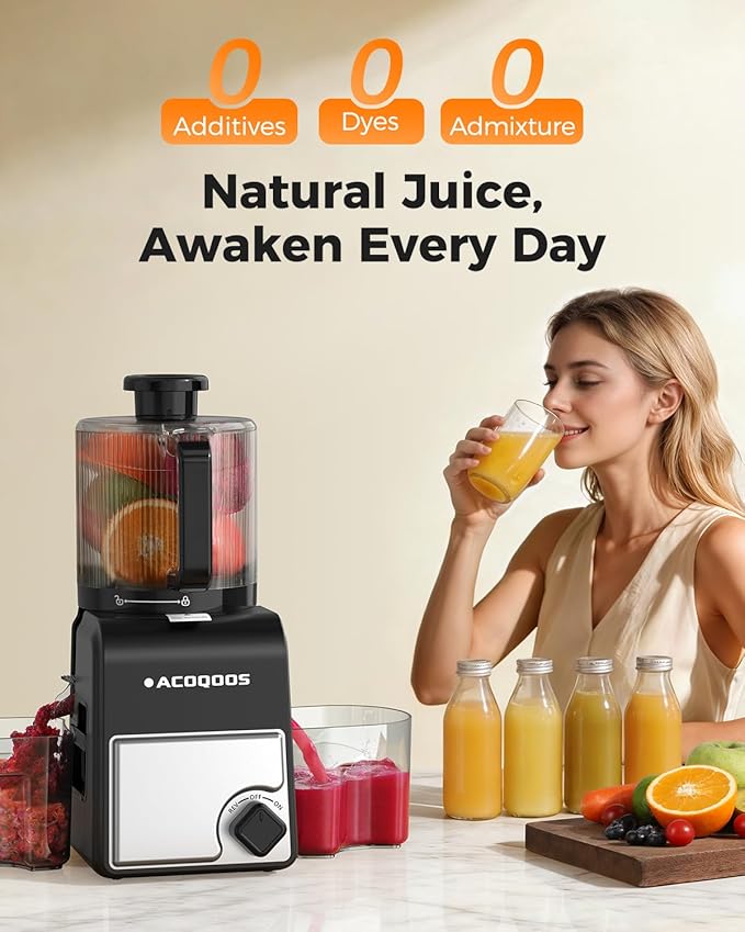 ACOQOOS Juicer Machines, 6.5" Extra Large Feed Chute Cold Press Juicer 3-IN-1 with Sorbet & Nut Milk, BPA Free, Easy to Clean, 100 OZ Hopper, Silver-Black