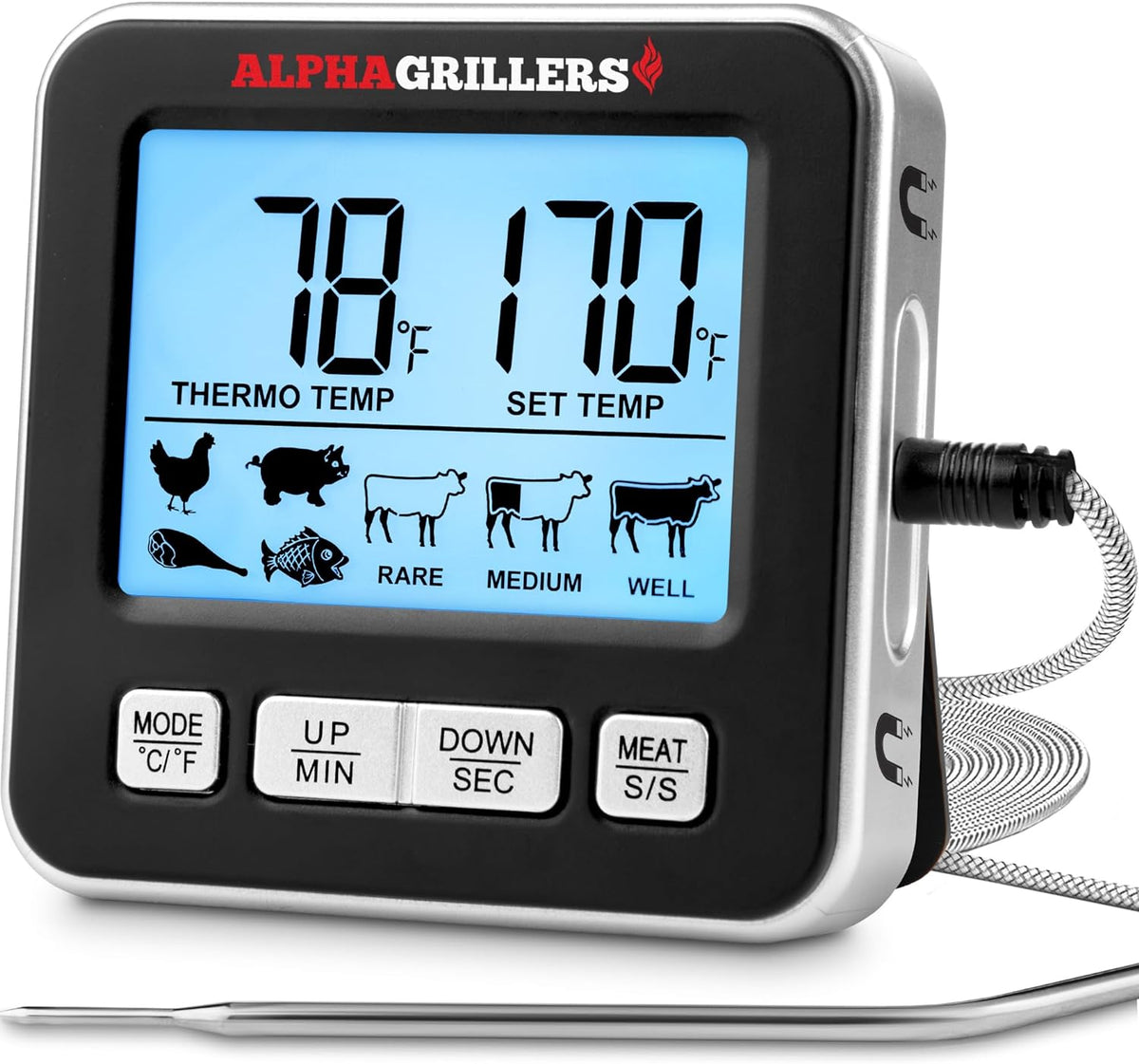 Alpha Grillers Turkey Thermometer - Digital Meat Thermometer with Electric Oven Safe Wired Leave-in Probe for Cooking & Roasting - Large Display with 7 Preset Temp Alerts, Timer & Alarm